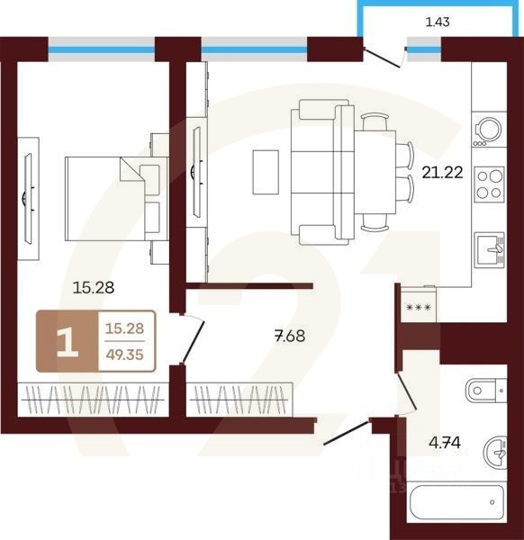1-комн, 49,35 м²в ЖК «ЯРАТАУ»