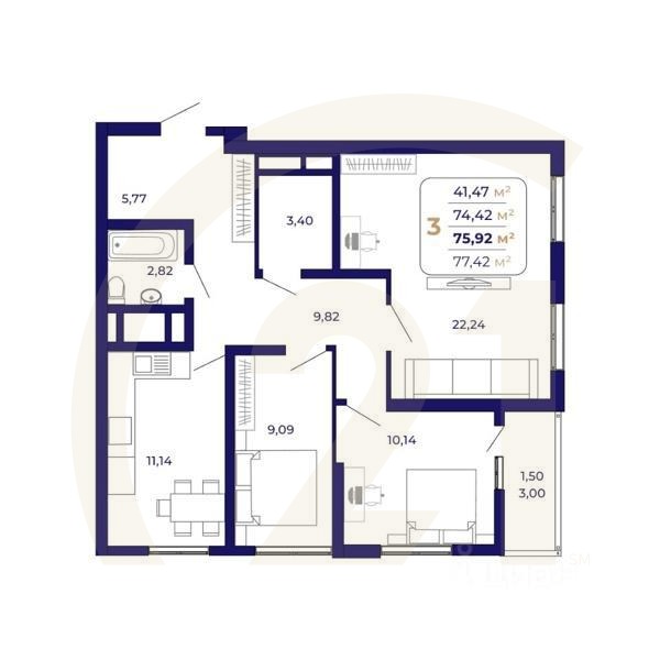 3-комн. квартира, 75,92 м²в ЖК «Паруса»
