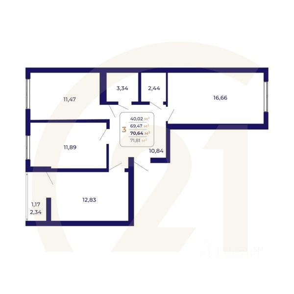 3-комн. квартира, 70,64 м²в ЖК «Паруса»