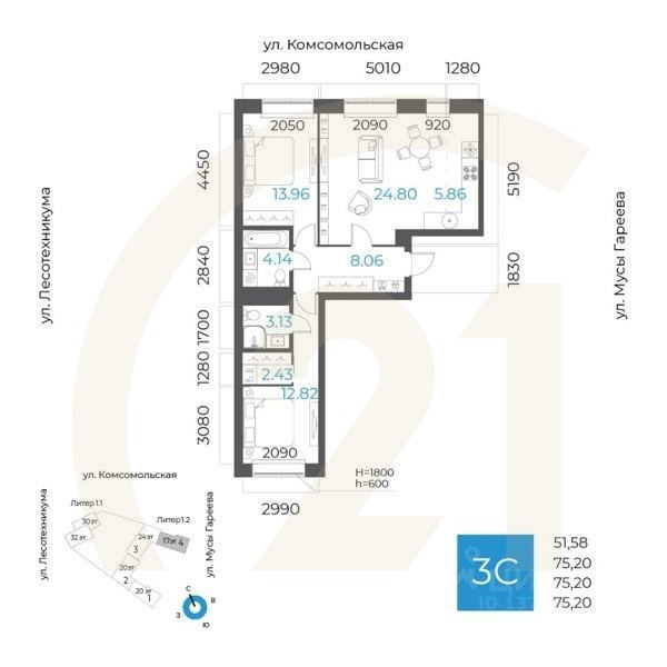 3-комн. квартира, 75,2 м²в ЖК «8 NEBO»