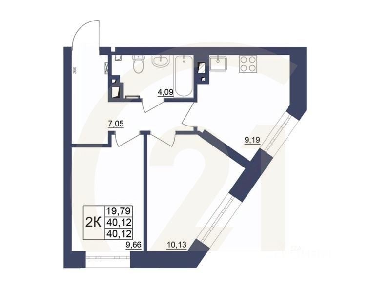 2-комн. квартира, 40,12 м²в ЖК «Космос»