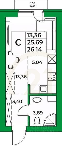 Студия, 26,14 м²