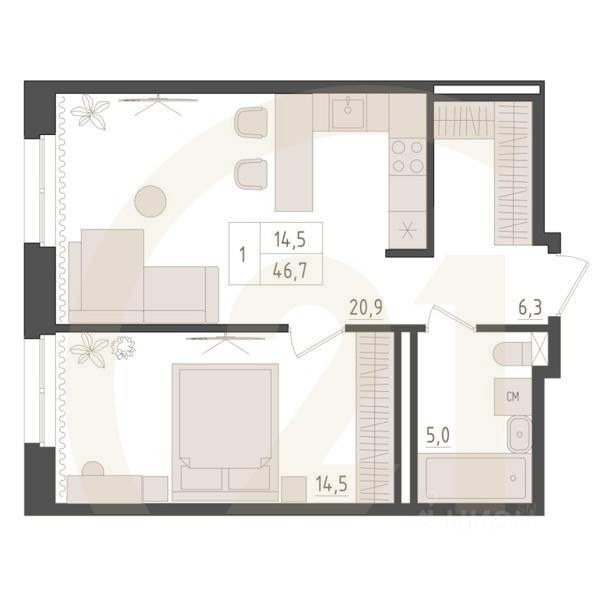 1-комн. квартира, 46,7 м²в ЖК «Новый Империал»
