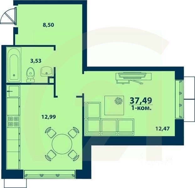 1-комн. квартира, 37,49 м²в ЖК «Город природы»