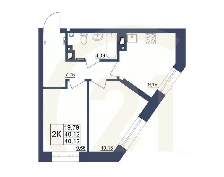 2-комн. квартира, 40,12 м²в ЖК «Космос»