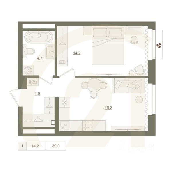 1-комн. квартира, 39 м²в ЖК «Квартал «Родина Парк»