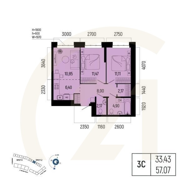 3-комн. квартира, 57,07 м²в ЖК «Новатор»