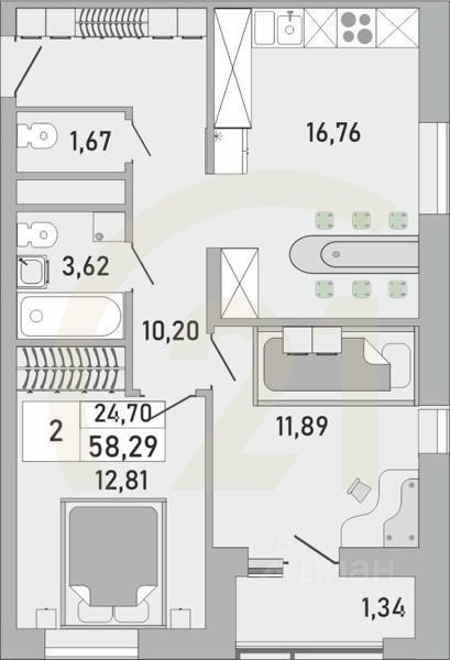 2-комн. квартира, 58,29 м²