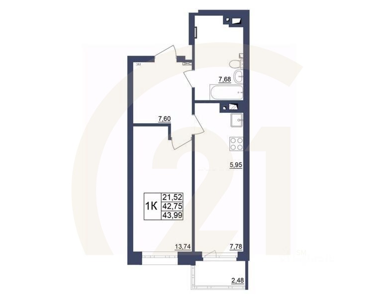 1-комн. квартира, 43,15 м²
