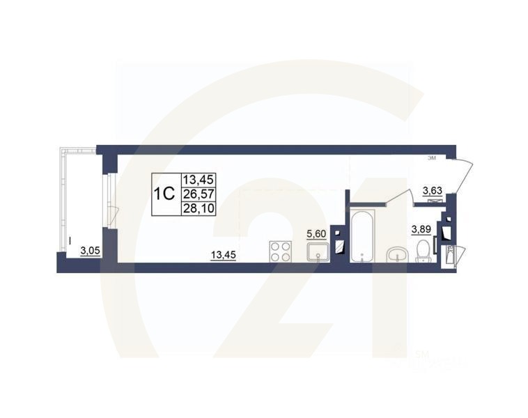 1-комн, 28,19 м²в ЖК «Космос»