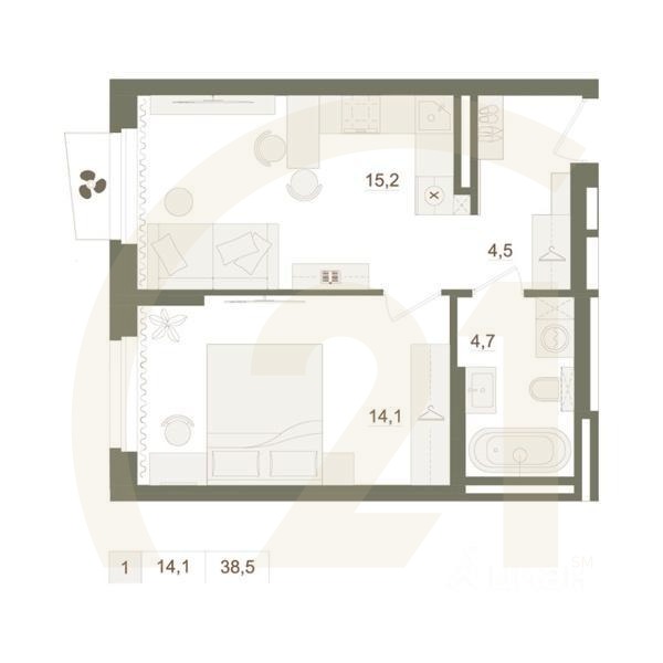 1-комн. квартира, 38,5 м²в ЖК «Квартал «Родина Парк»