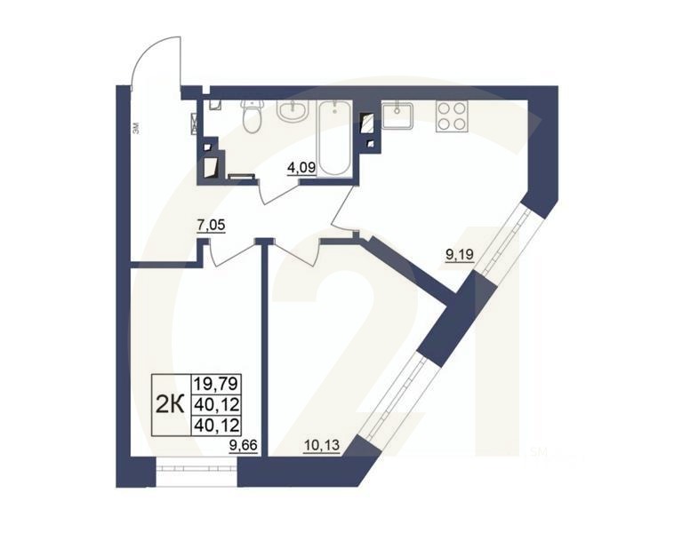 2-комн. квартира, 40,24 м²в ЖК «Космос»