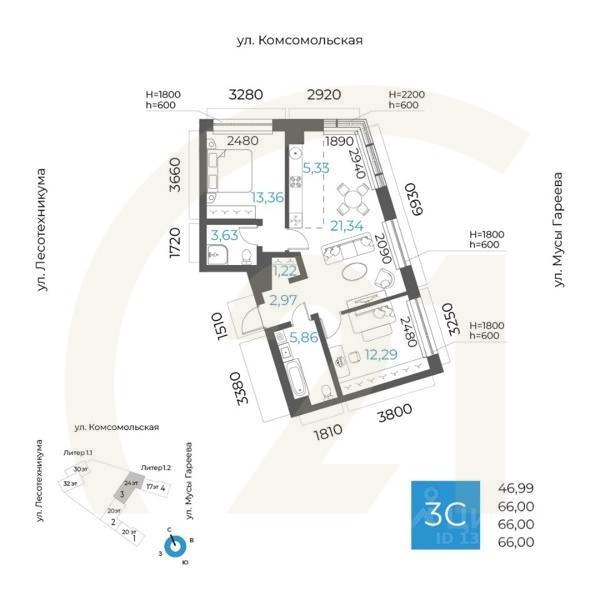 3-комн. квартира, 66 м²в ЖК «8 NEBO»