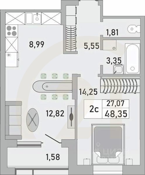 2-комн. квартира, 48,35 м²в ЖК «Платинум»