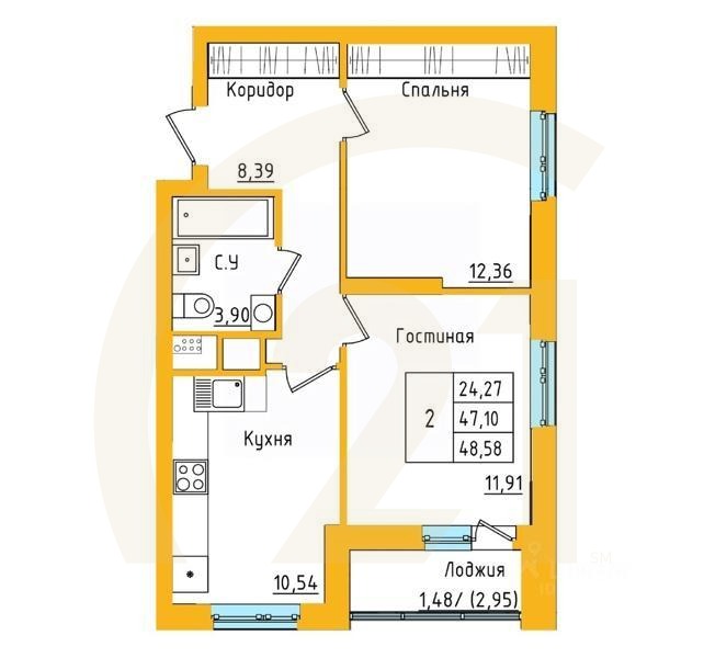 2-комн. квартира, 48,45 м²