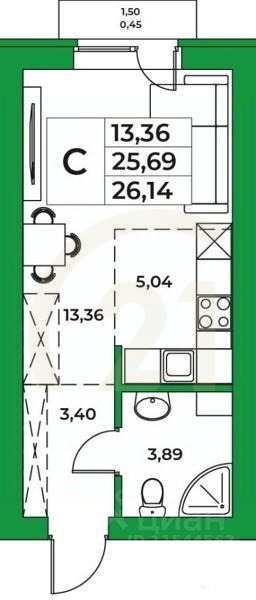 Студия, 26,14 м²