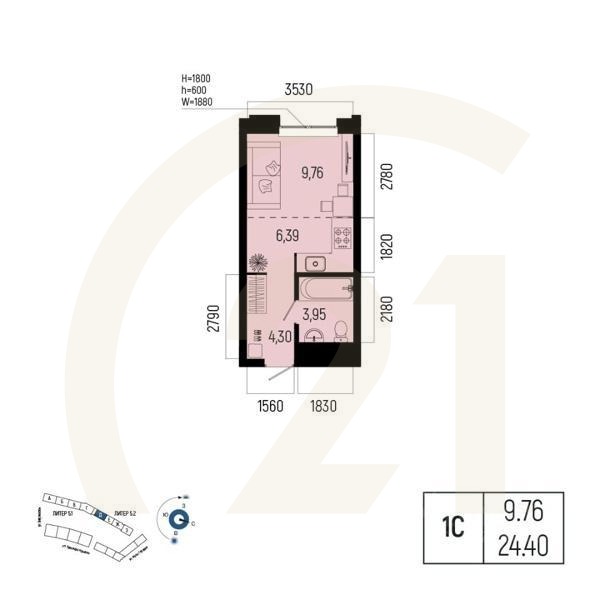 1-комн. квартира, 24,4 м²в ЖК «Новатор»