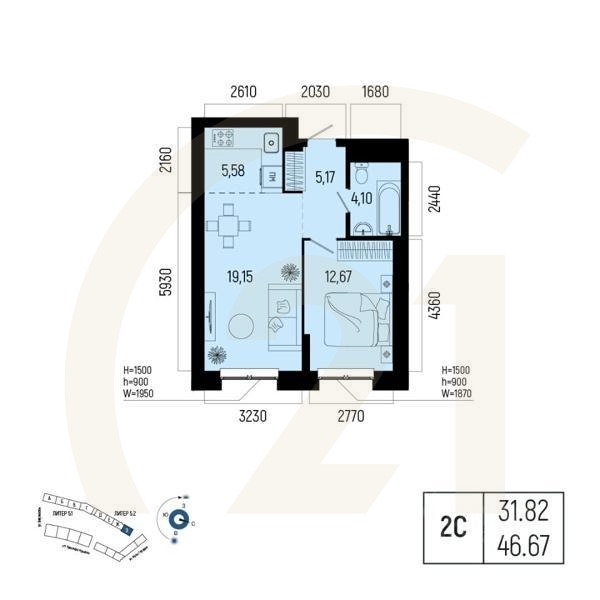 2-комн. квартира, 46,67 м²в ЖК «Новатор»