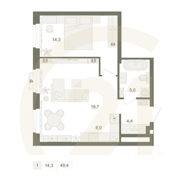 1-комн. квартира, 49,4 м²в ЖК «Квартал «Родина Парк»