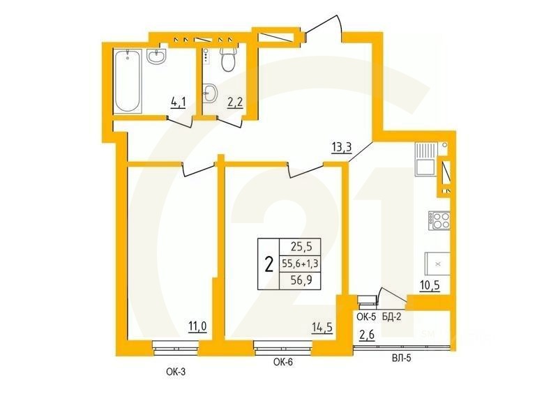 2-комн. квартира, 57,5 м²