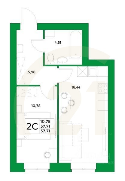 2-комн, 37,71 м²