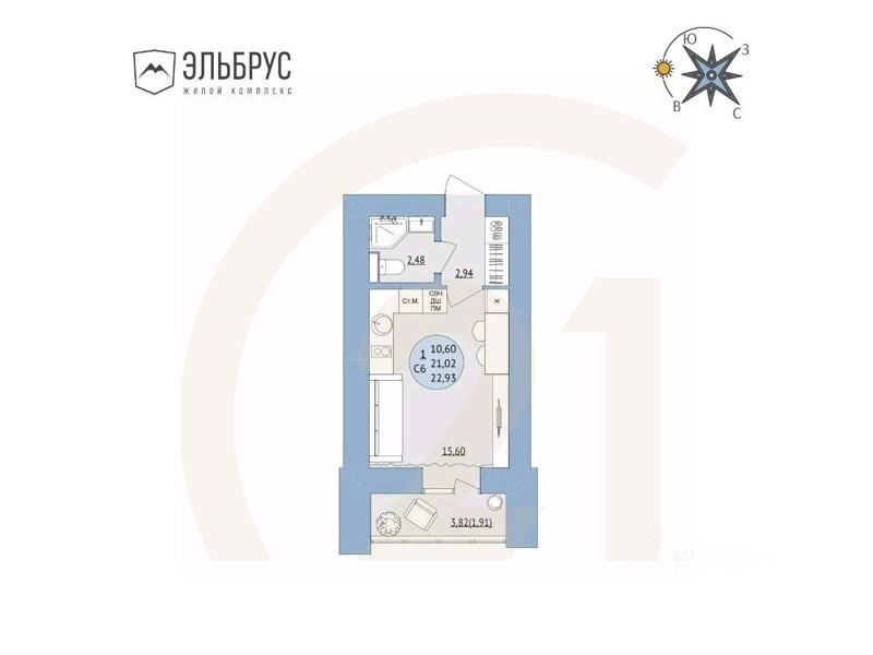 1-комн, 22,93 м²в ЖК «Эльбрус»