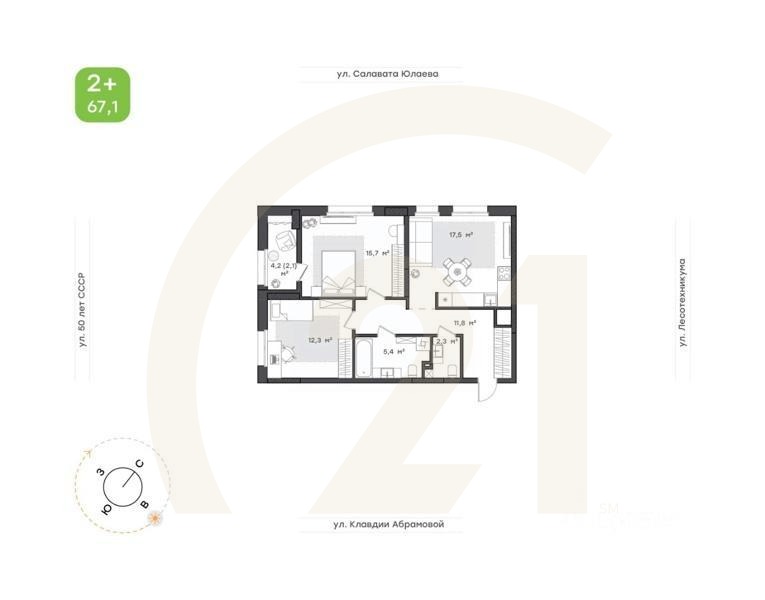 2-комн. квартира, 67,1 м²в ЖК «Бионика Парк»