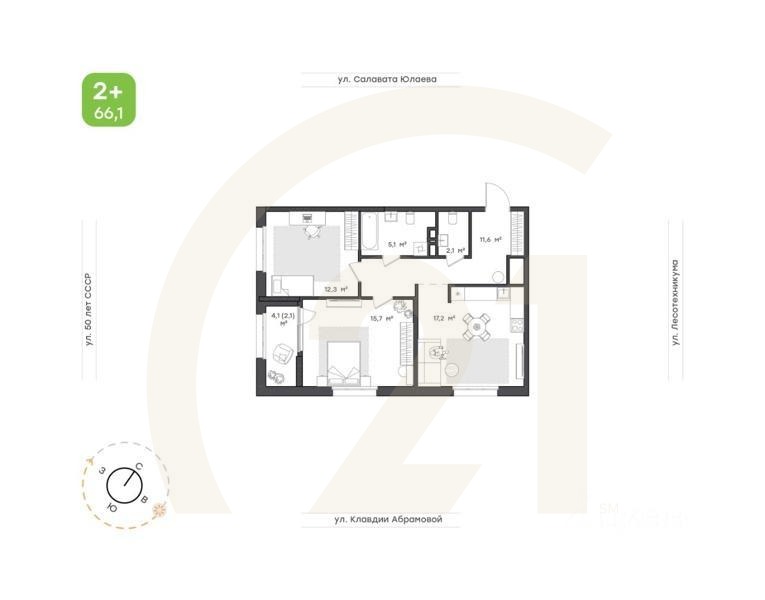 2-комн. квартира, 66,1 м²в ЖК «Бионика Парк»