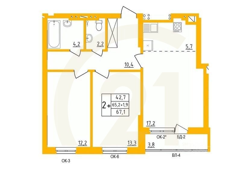 2-комн. квартира, 66,7 м²в ЖК «Акварель»