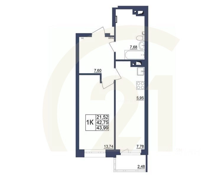 1-комн. квартира, 43,75 м²в ЖК «Космос»