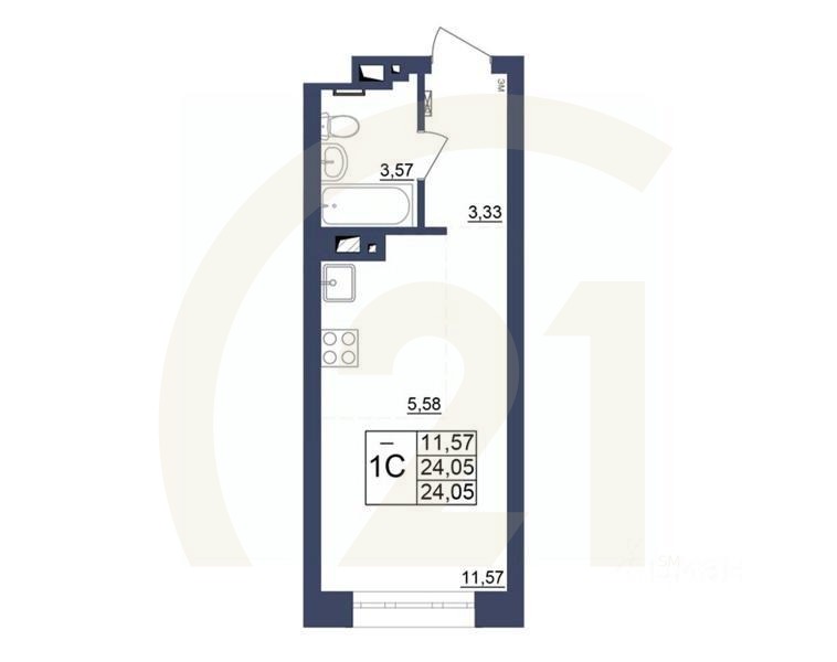 1-комн, 23,93 м²в ЖК «Космос»