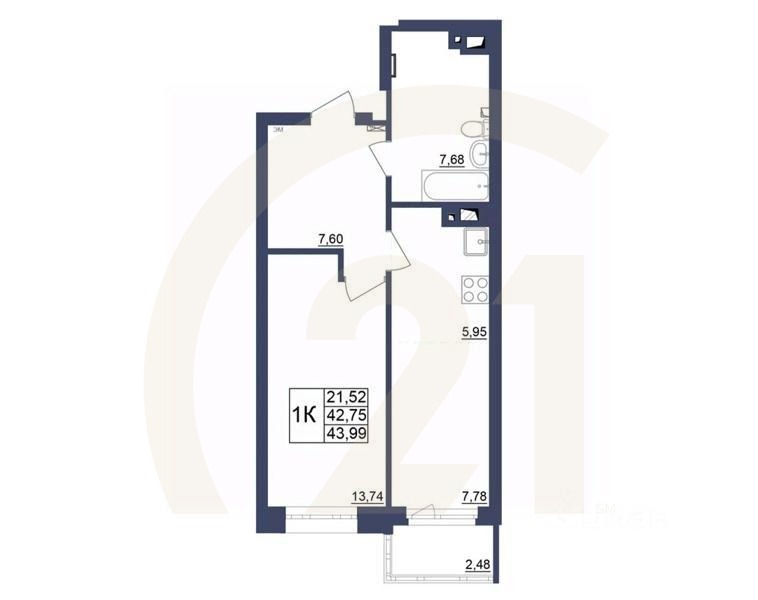 1-комн. квартира, 43,99 м²