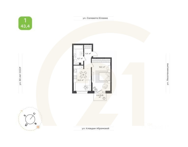 1-комн. квартира, 43,4 м²в ЖК «Бионика Парк»