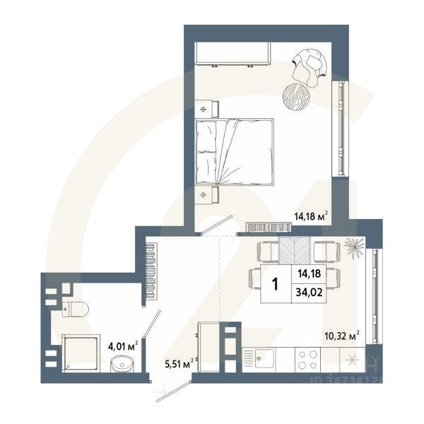 1-комн. квартира, 33,89 м²в ЖК «Крылья»