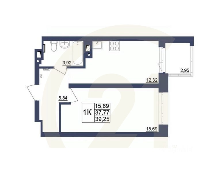 1-комн. квартира, 39,34 м²
