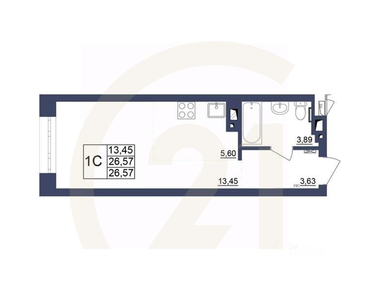 1-комн, 26,44 м²в ЖК «Космос»
