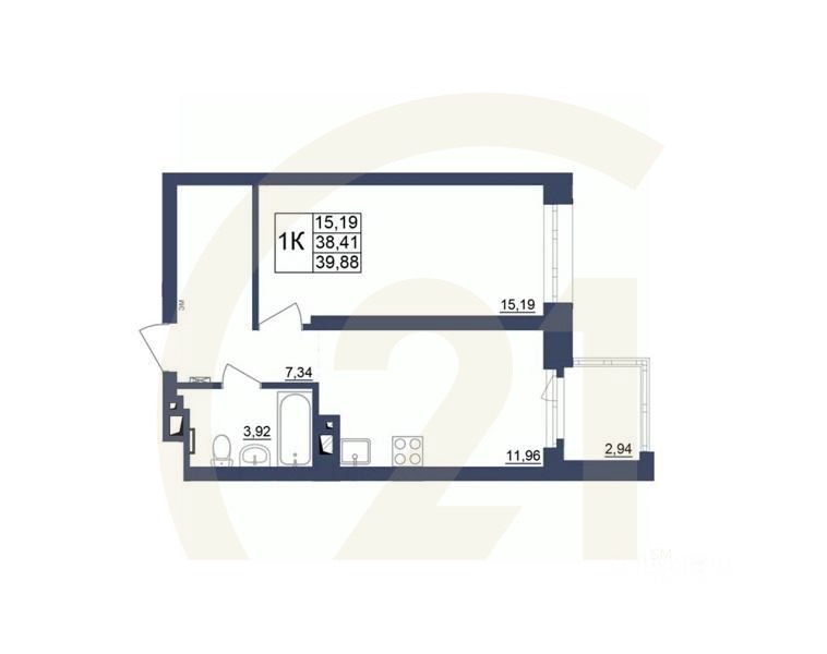 1-комн. квартира, 39,88 м²в ЖК «Космос»