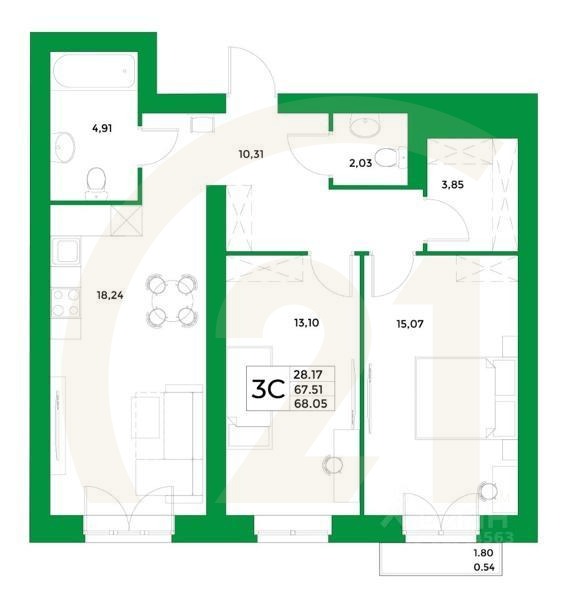 3-комн, 68,05 м²