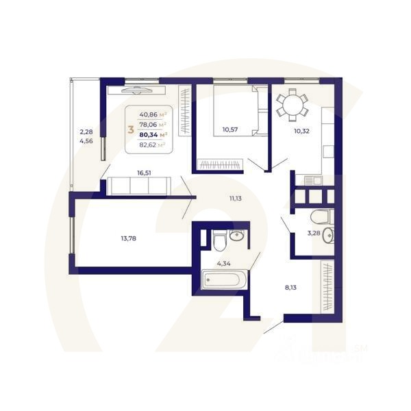 3-комн. квартира, 80,34 м²в ЖК «Паруса»