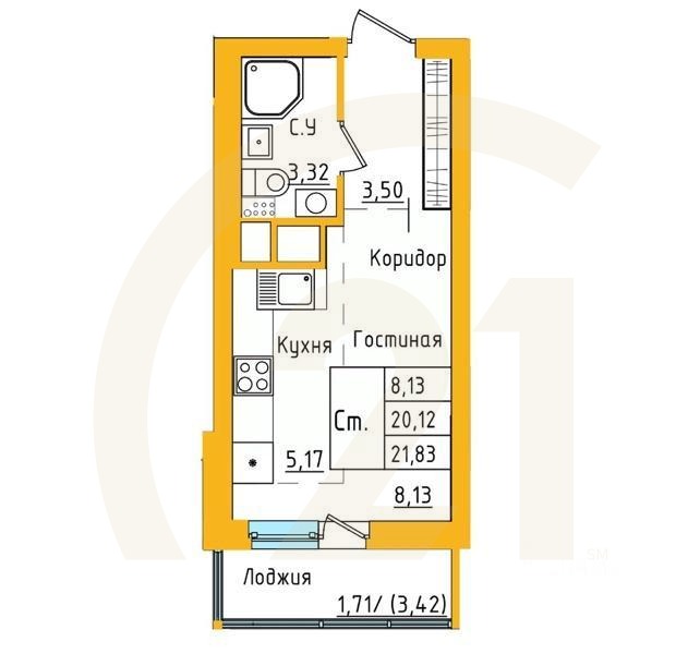 студия, 21,82 м²