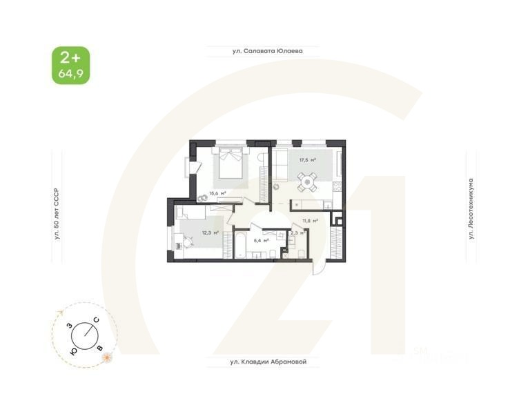 2-комн. квартира, 64,9 м²в ЖК «Бионика Парк»