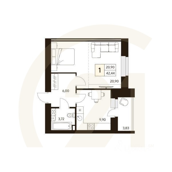 1-комн. квартира, 42,44 м²в ЖК «MATUR»