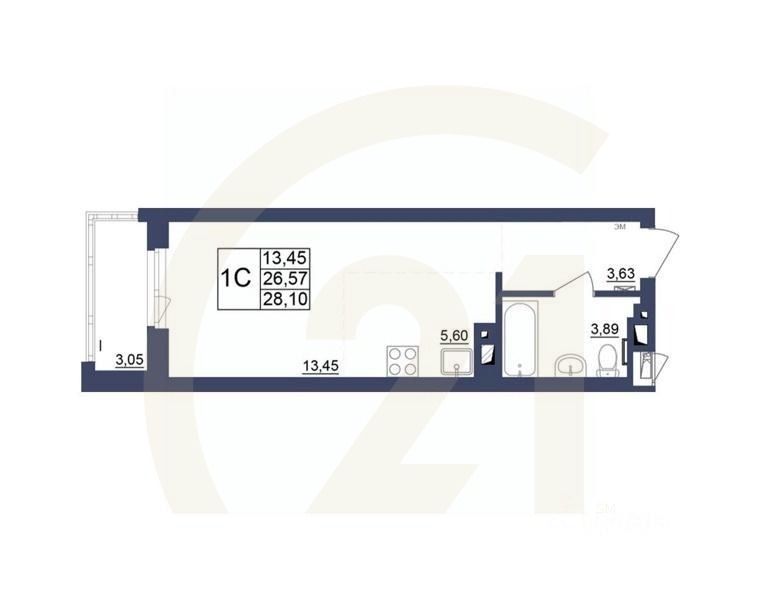 1-комн, 28,19 м²в ЖК «Космос»