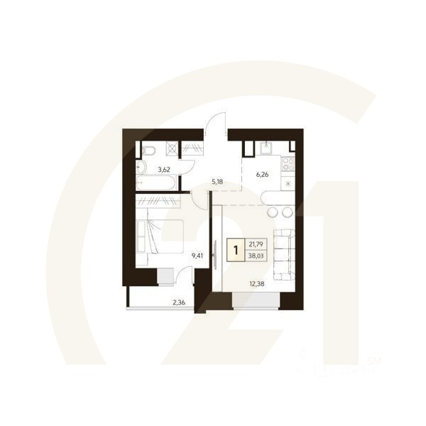 1-комн. квартира, 38,18 м²в ЖК «MATUR»
