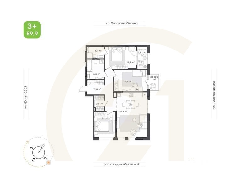 3-комн. квартира, 89,9 м²в ЖК «Бионика Парк»