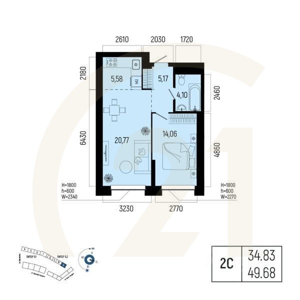 2-комн. квартира, 49,68 м²в ЖК «Новатор»