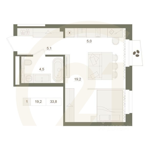 1-комн. квартира, 33,8 м²в ЖК «Квартал «Родина Парк»