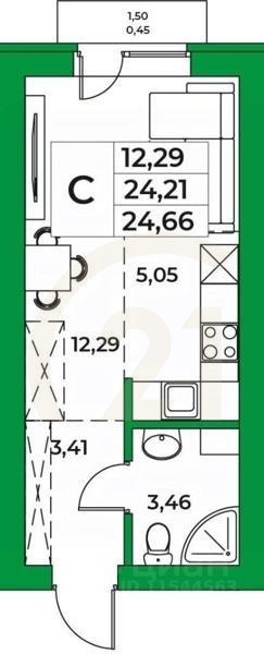 Студия, 24,66 м²