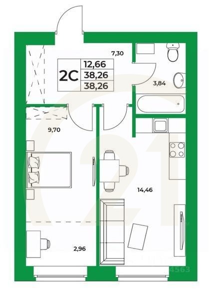 2-комн, 38,26 м²
