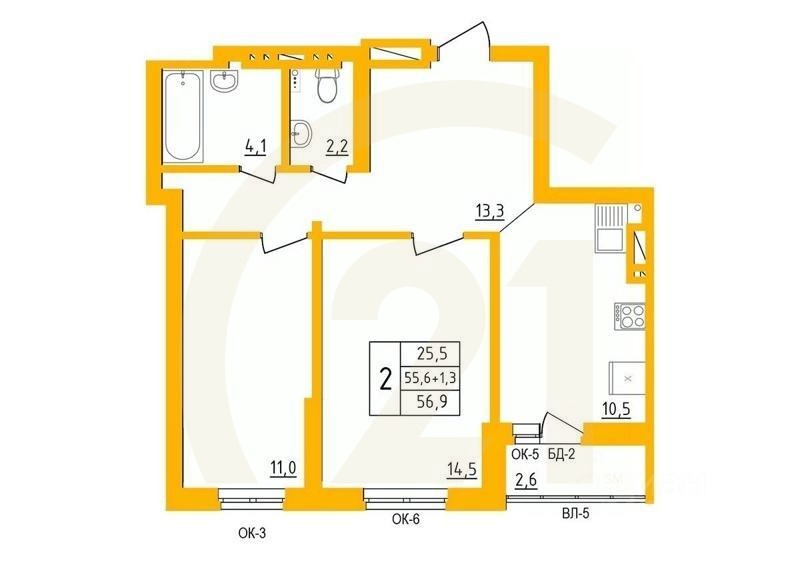 2-комн. квартира, 56,9 м²